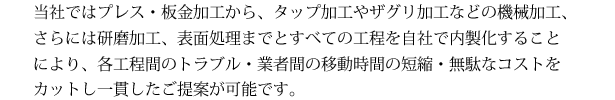 当社ではプレス・板金加工から、タップ加工やザグリ加工などの機械加工、さらには研磨囲う、表面処理までと全ての工程を自社で内製化することにより、各工程間のトラブル・業者間の移動時間の短縮・無駄なコストをカットし、一貫したご提案が可能です。